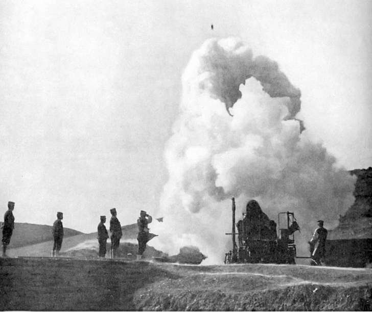 Japanese 11 inch howitzer fire into Port Arthur